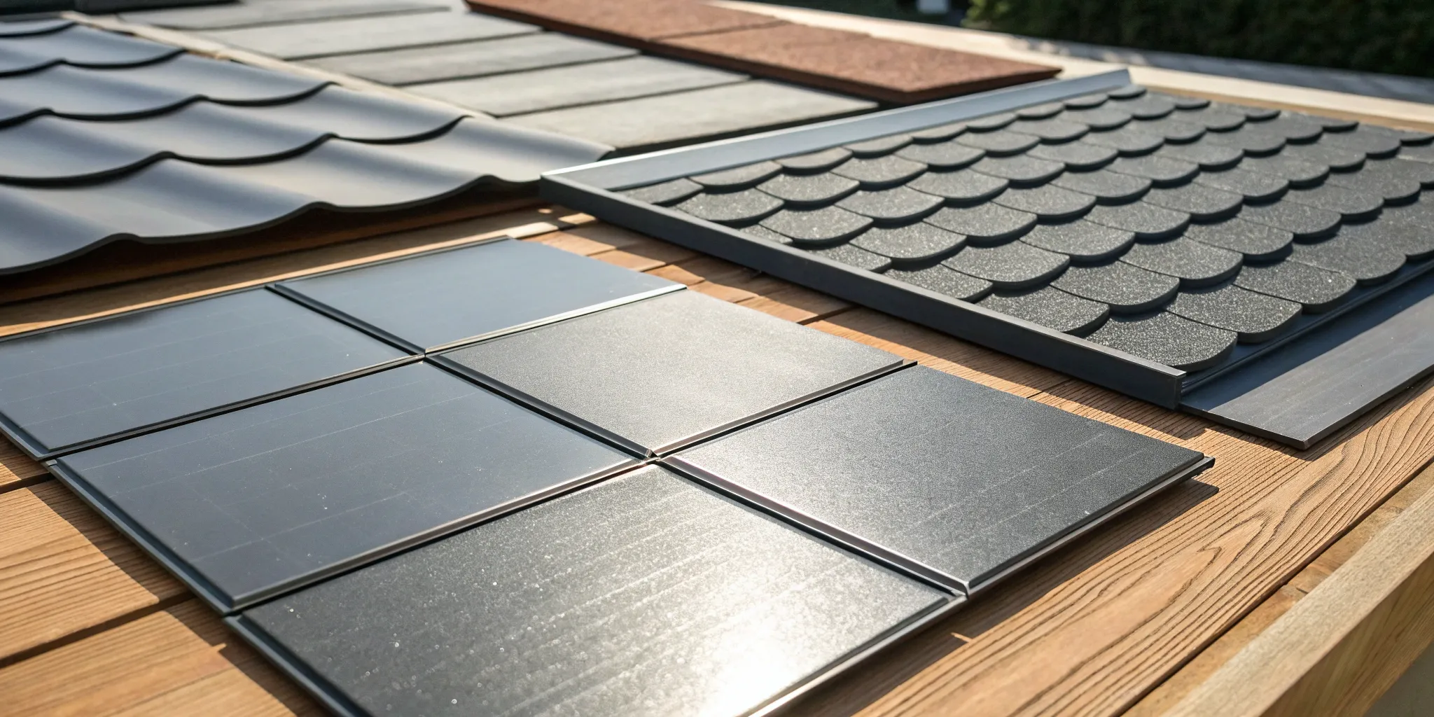 Various modern roofing materials like metal panels, solar tiles, and composite shingles.