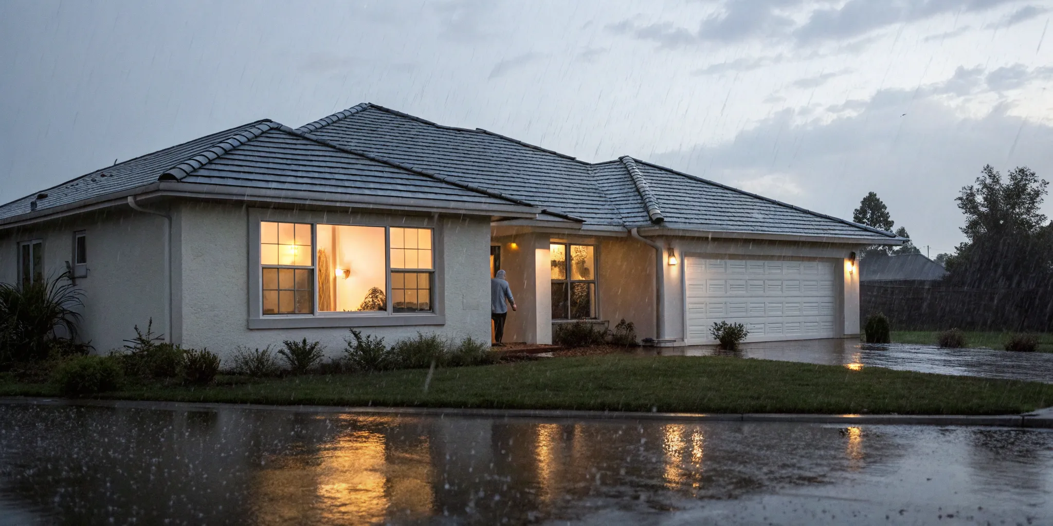 A house with a roof leaking during heavy rain, a common reason for an insurance claim.