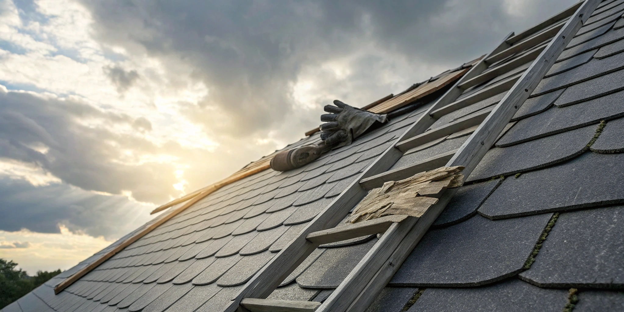 Residential roof with missing shingles and other storm damage being repaired.