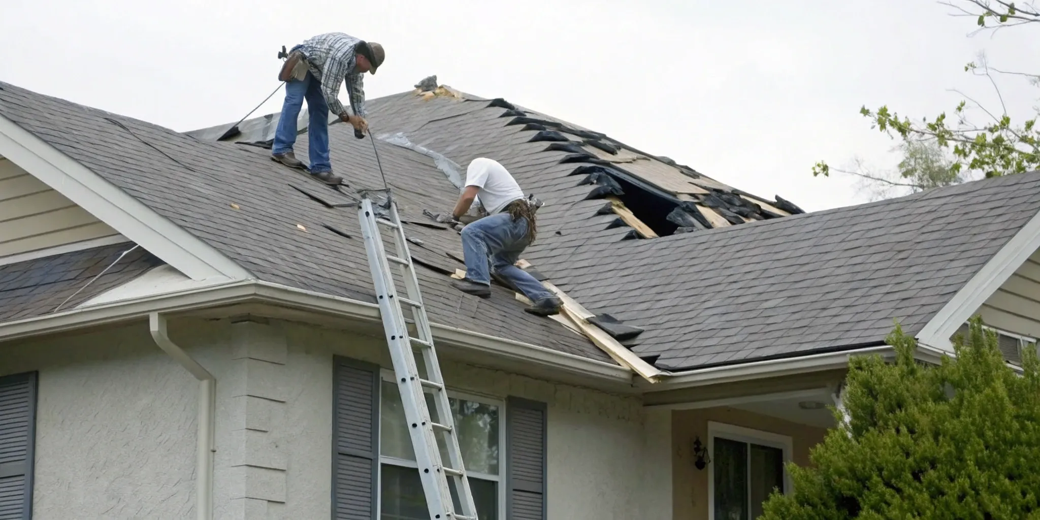 Roofer repairing storm damage on a home as part of an insurance claim.