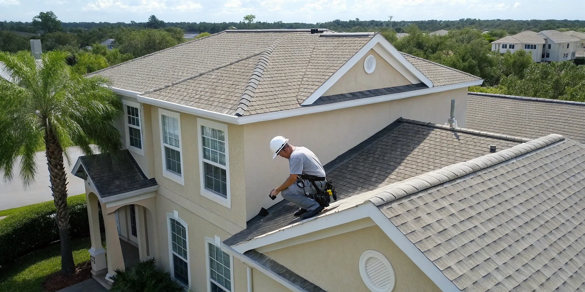 Roofer inspects a shingle roof for hail damage in Orlando.