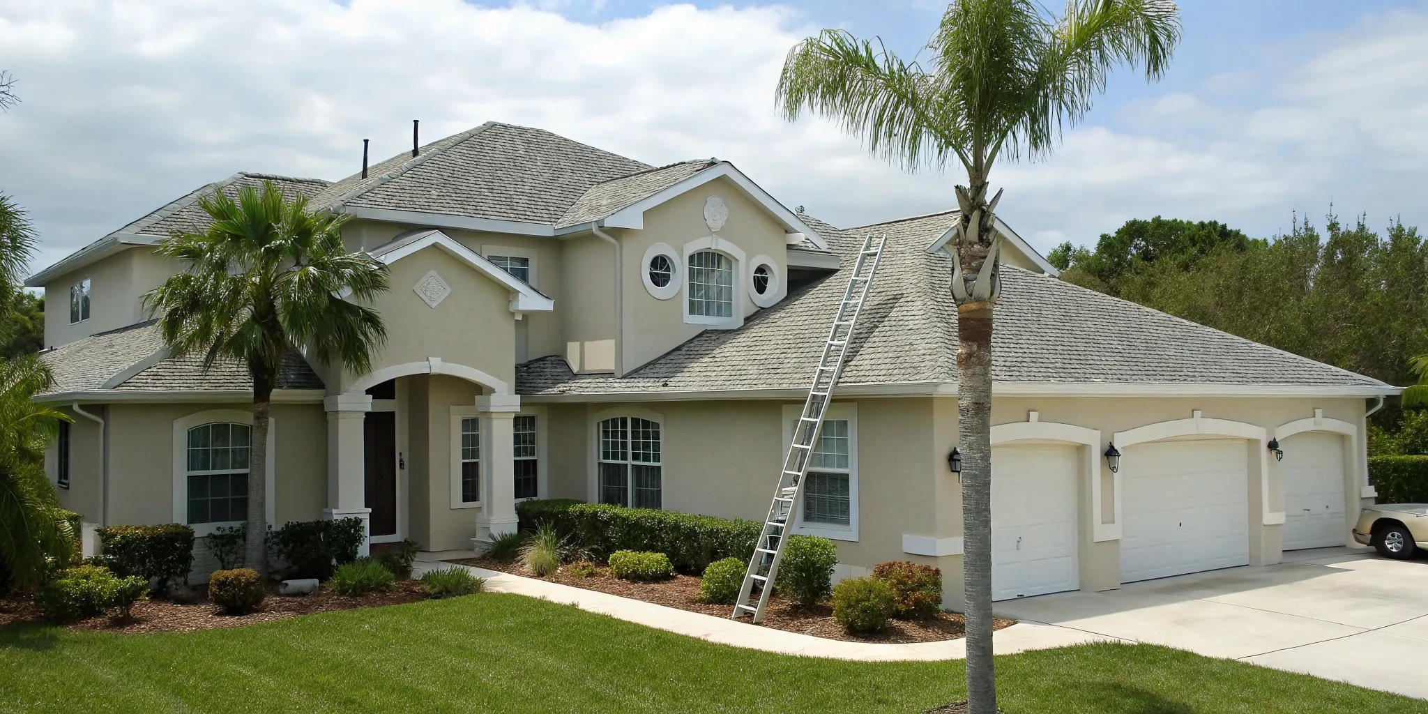 Ladder on a Florida home's roof for an inspection to help with an insurance claim.