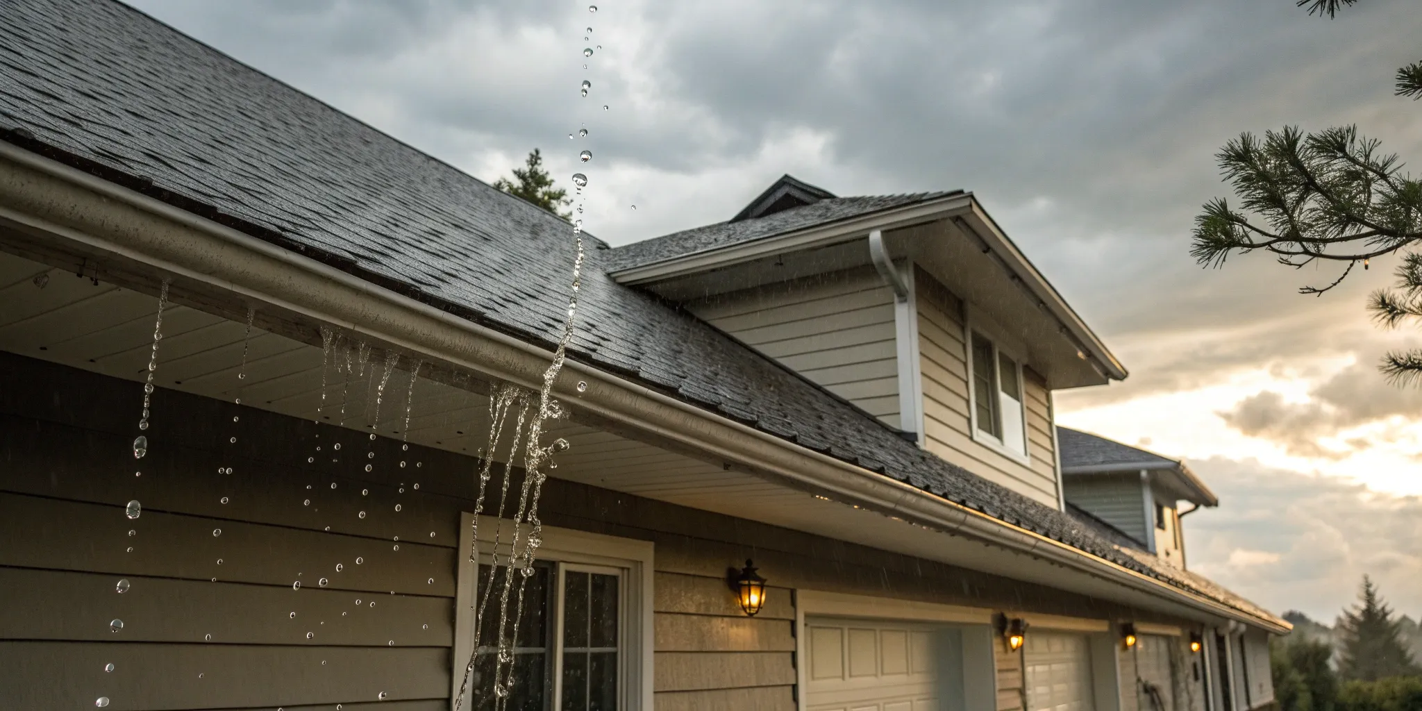 A roof leaking after heavy rain, a situation covered by home insurance.