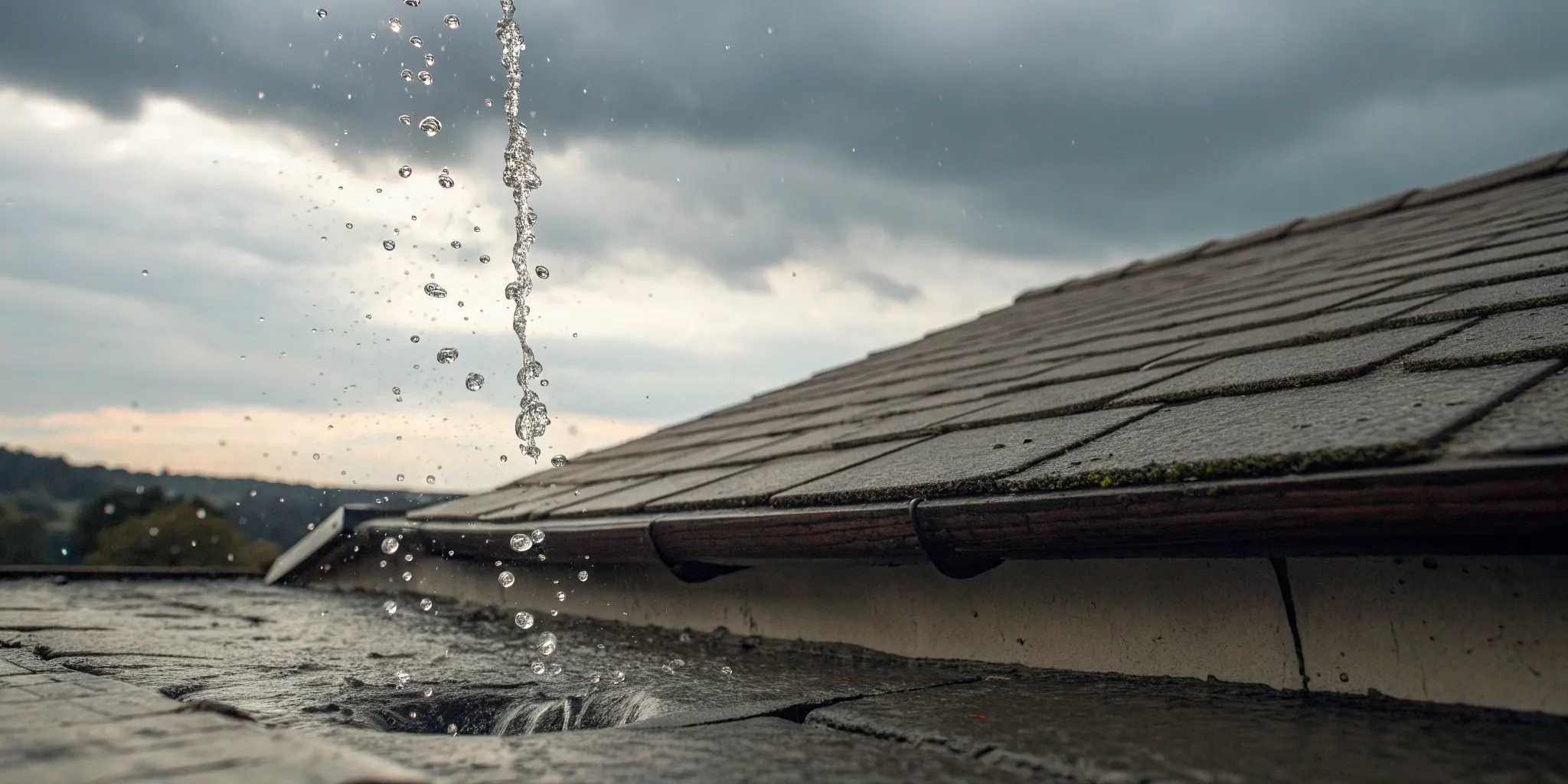 A costly roof leak causing water damage to a ceiling during heavy rain.