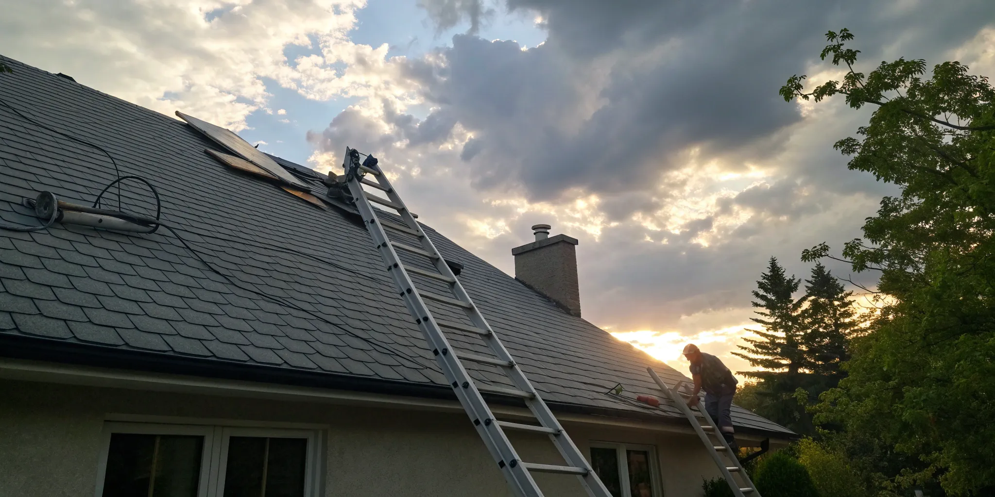A roofer making a roof repair after a hurricane.