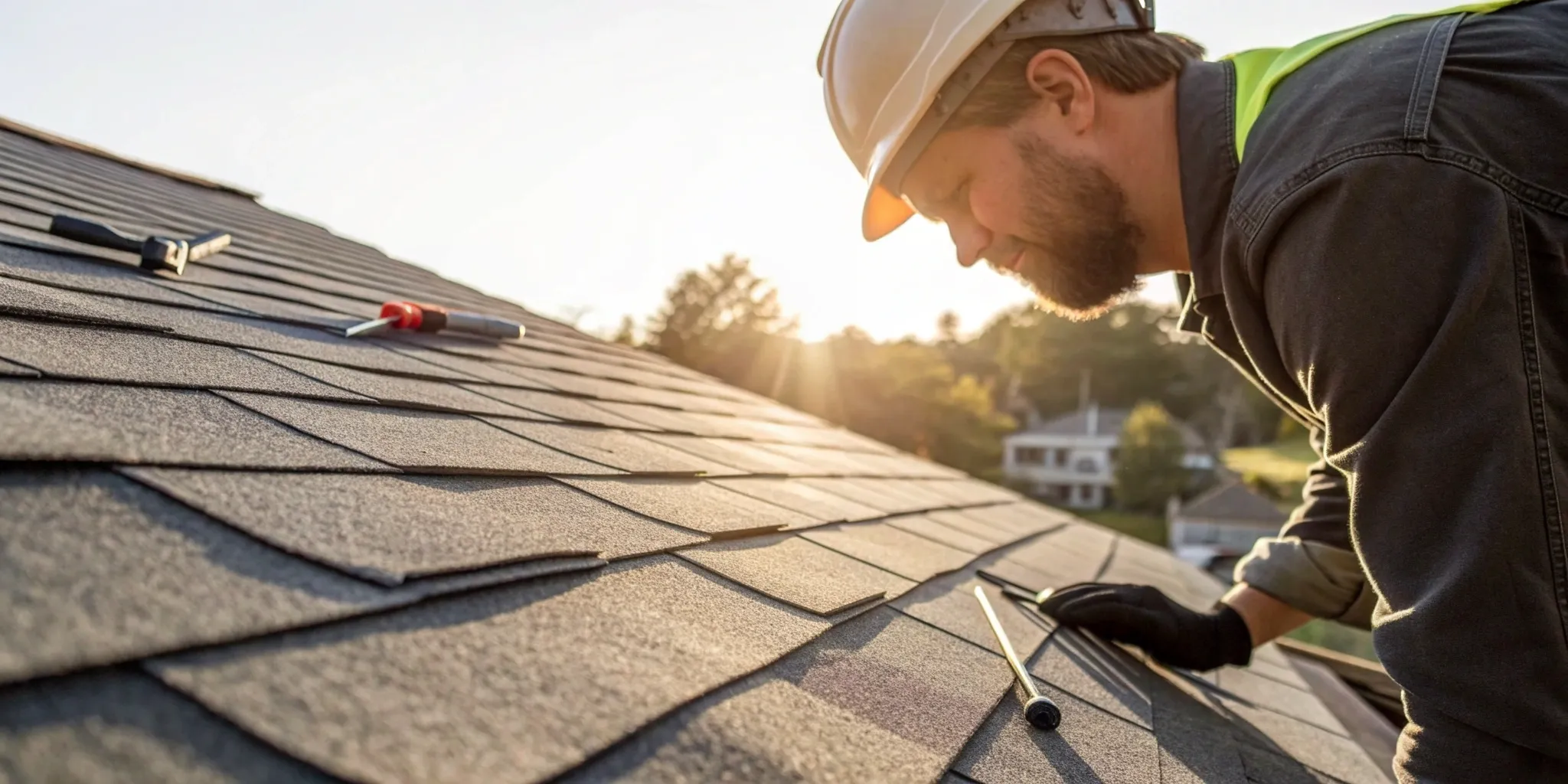 Roofer repairing asphalt shingles, a factor in the roof repair cost per square foot.