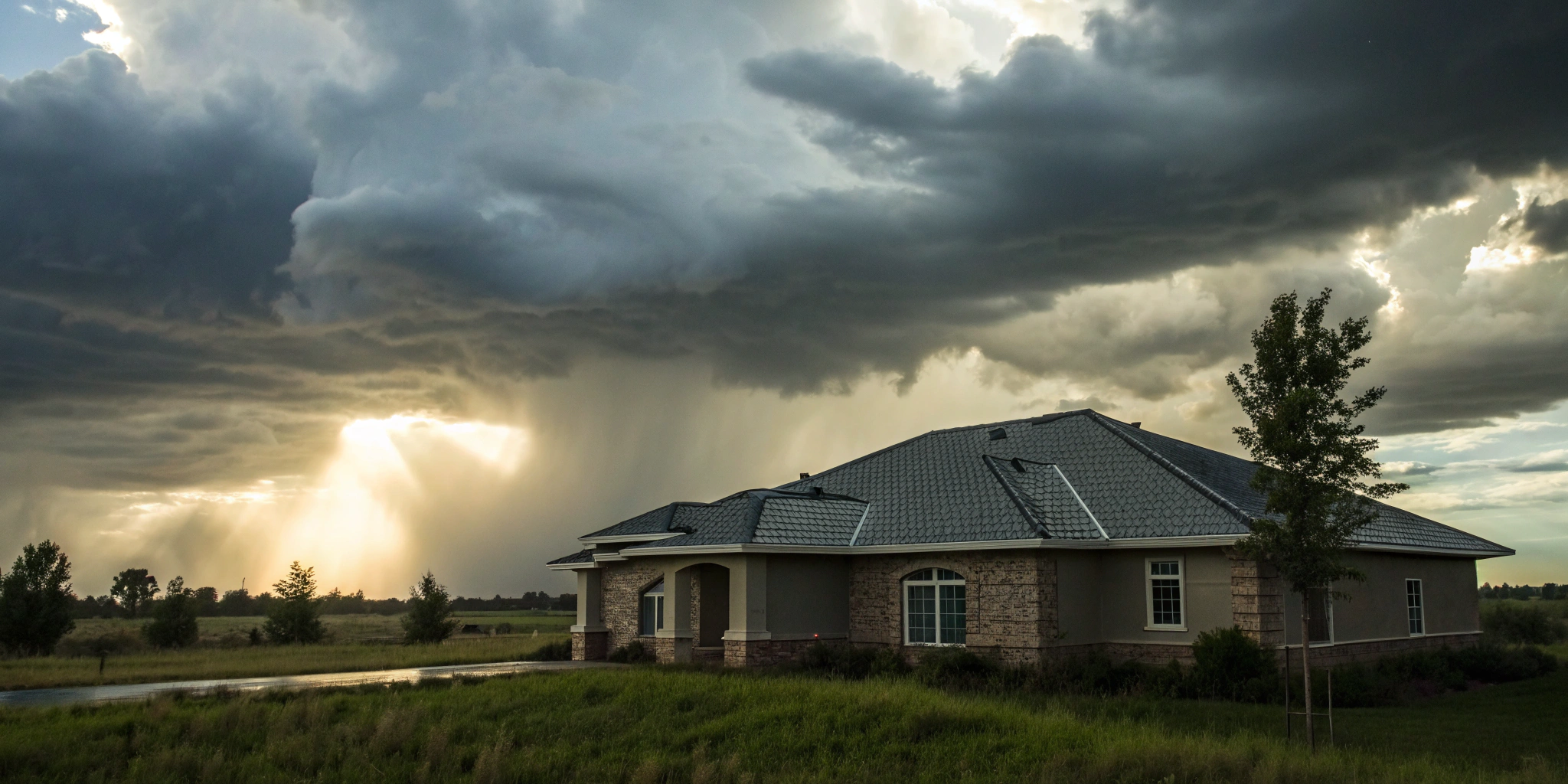 A home's roof in need of repair from storm and wind damage.