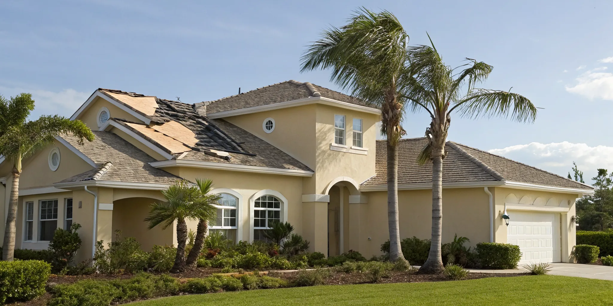 Roof repair for wind damage on a Florida home with missing shingles.