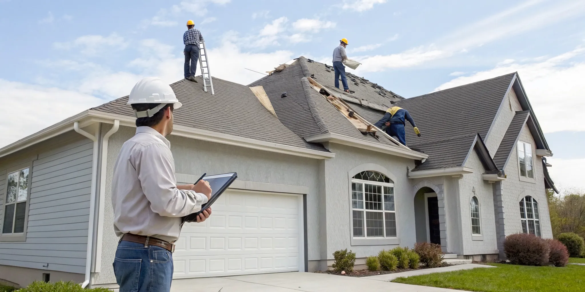 A roof replacement being inspected as part of a claim through an insurance company.