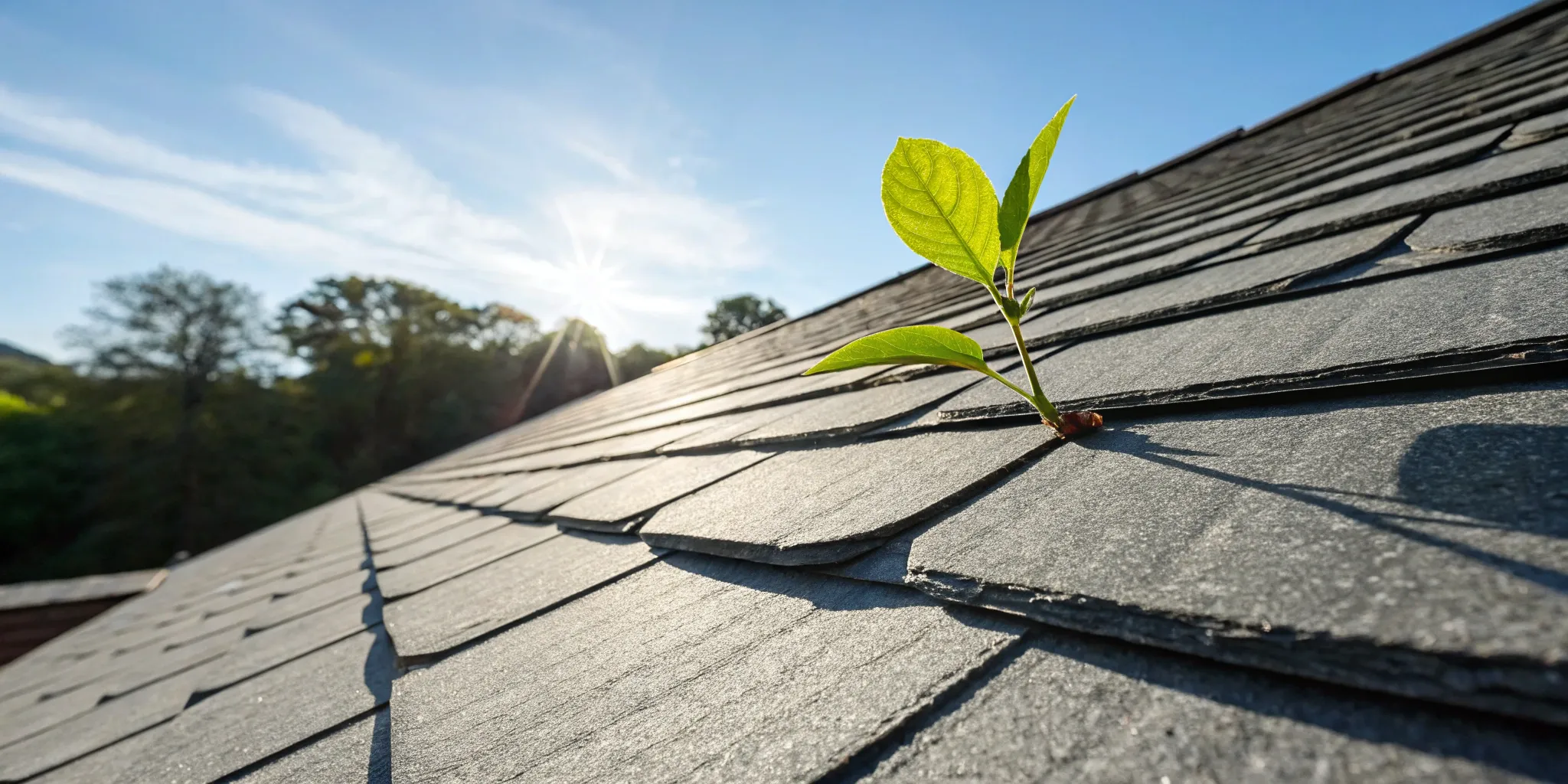 Damaged roof shingles with plant growth.