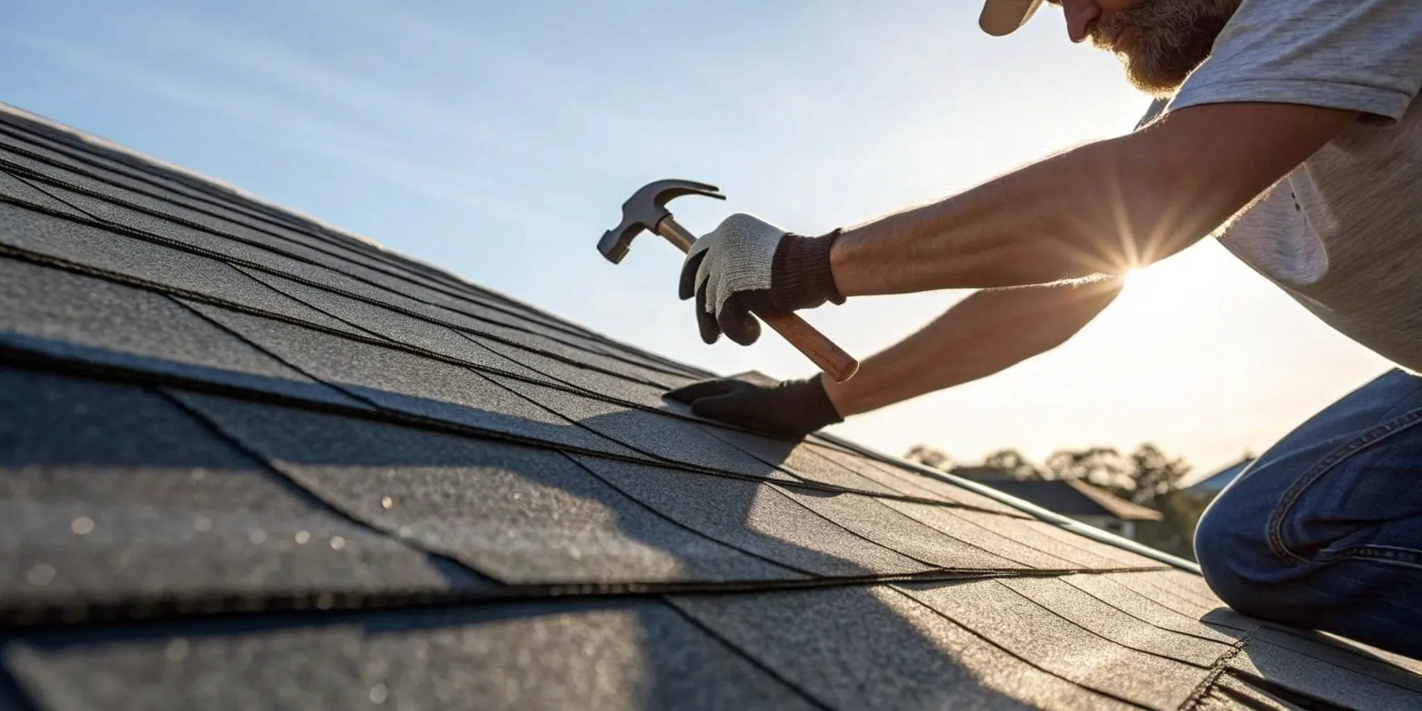 A man uses a hammer to repair a shingle roof leak.