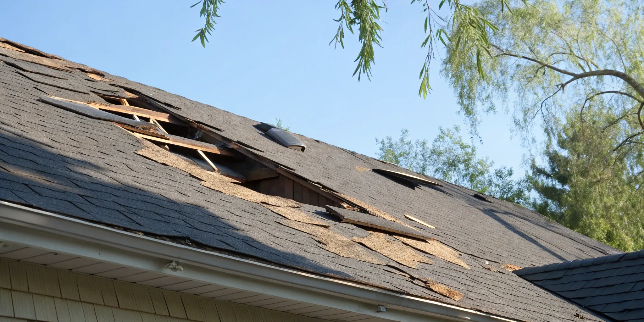 Shingles blown off a roof from wind damage, a common reason for an insurance claim.