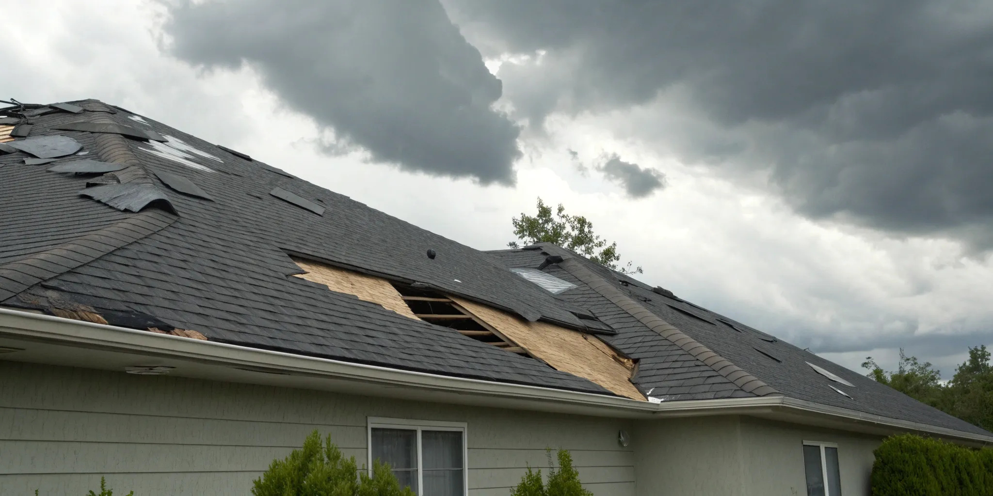 Roof with shingles blown off, exposing the wood decking and creating an immediate risk of a leak.