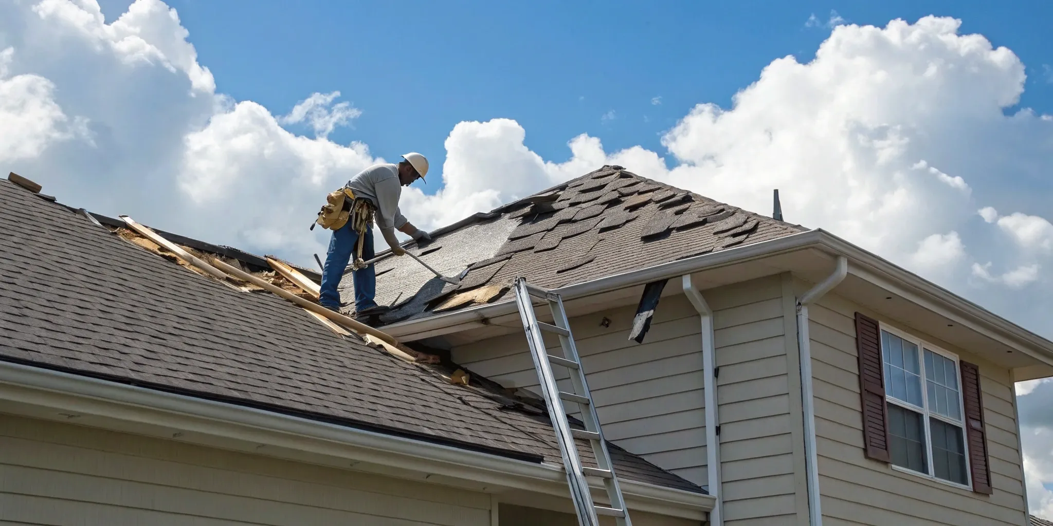 Roof inspector assessing storm damage on a residential roof.