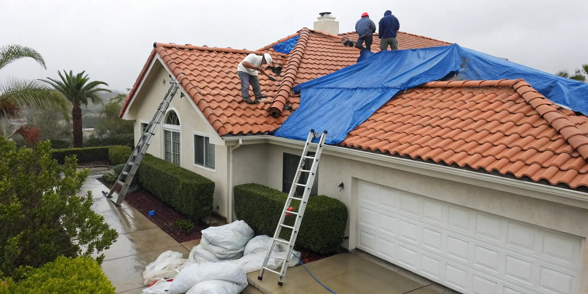 Workers tarp a damaged roof for an emergency roof repair in Orange County.