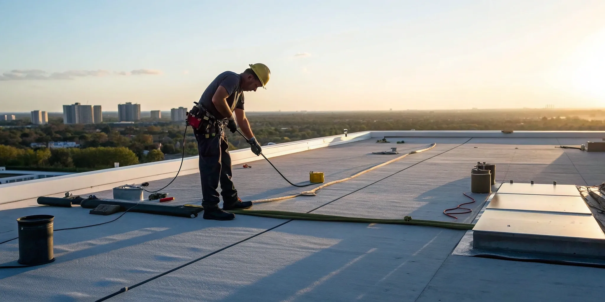 A professional performing a commercial flat roof repair and inspection.