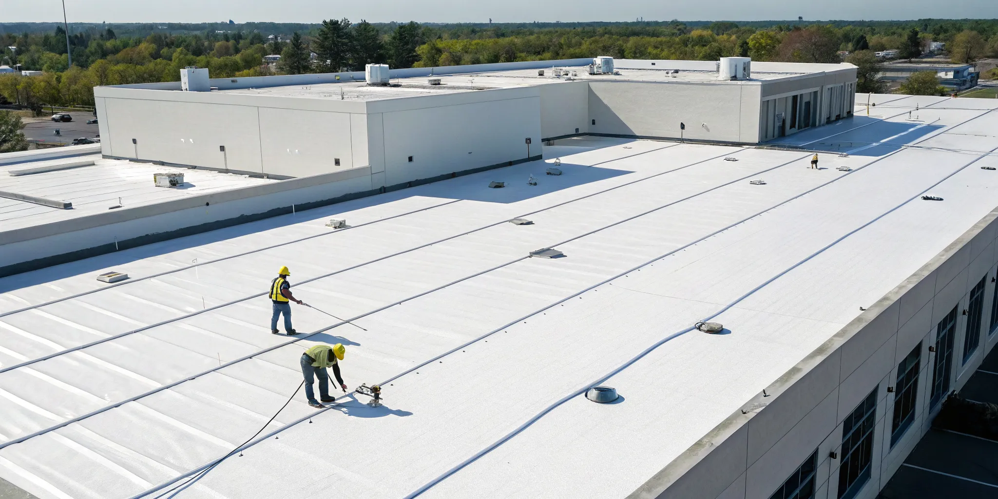Commercial building undergoing a complete flat roof replacement.
