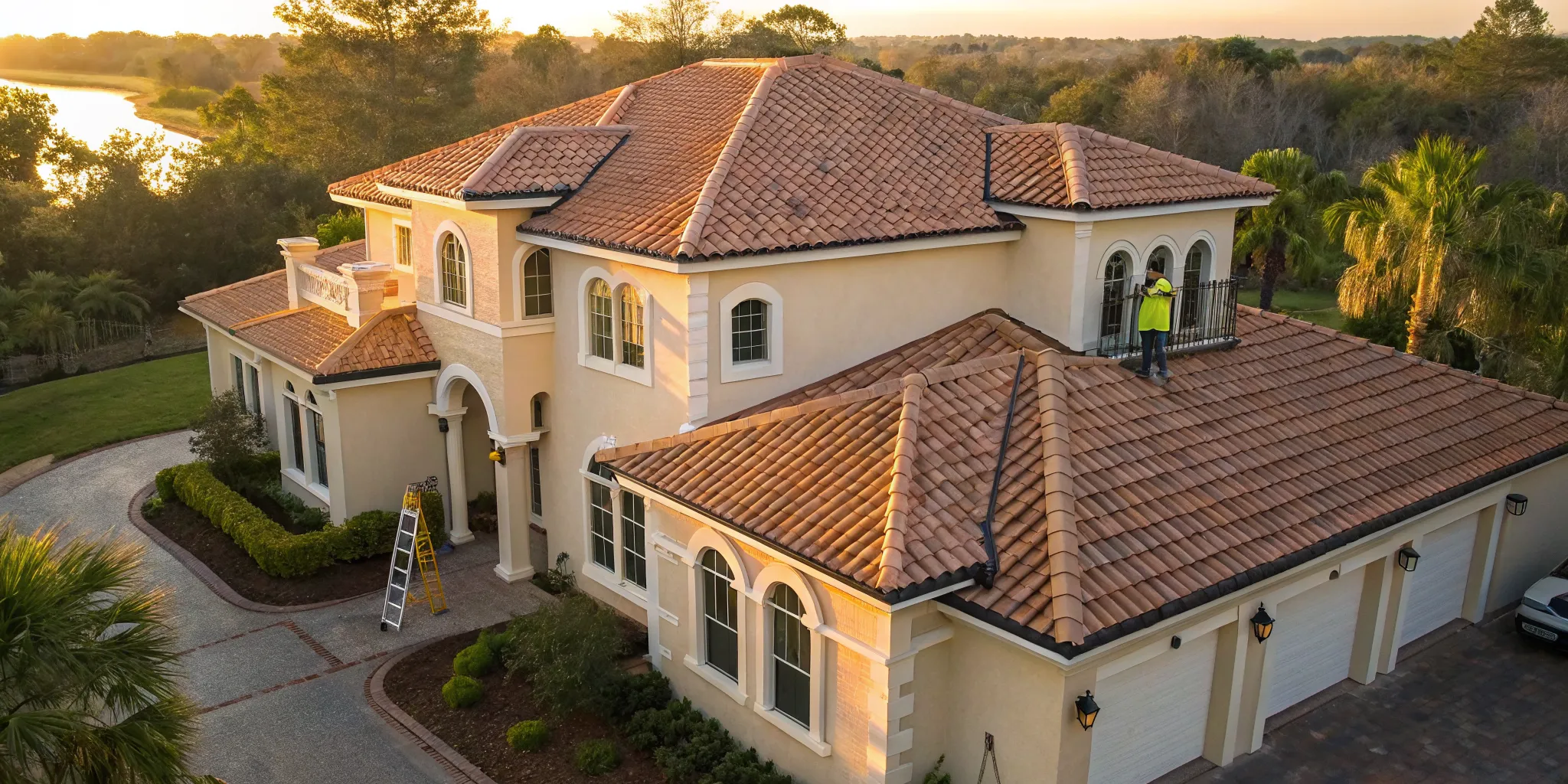 A tile roofing contractor installing new clay tiles on a home's roof in Sanford.