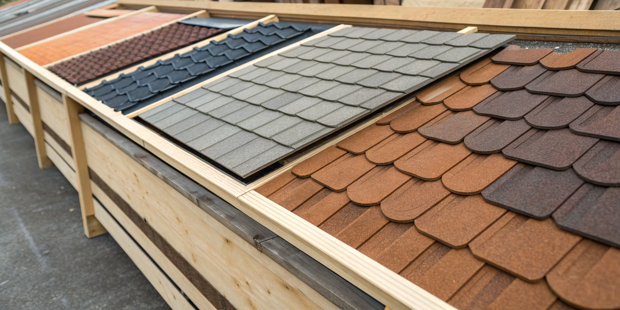 Samples of the top 5 roofing materials: asphalt, metal, tile, wood, and slate.