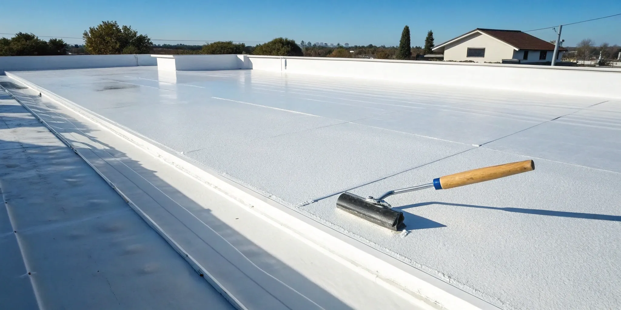 Detail work on a TPO roofing installation using a seam roller.