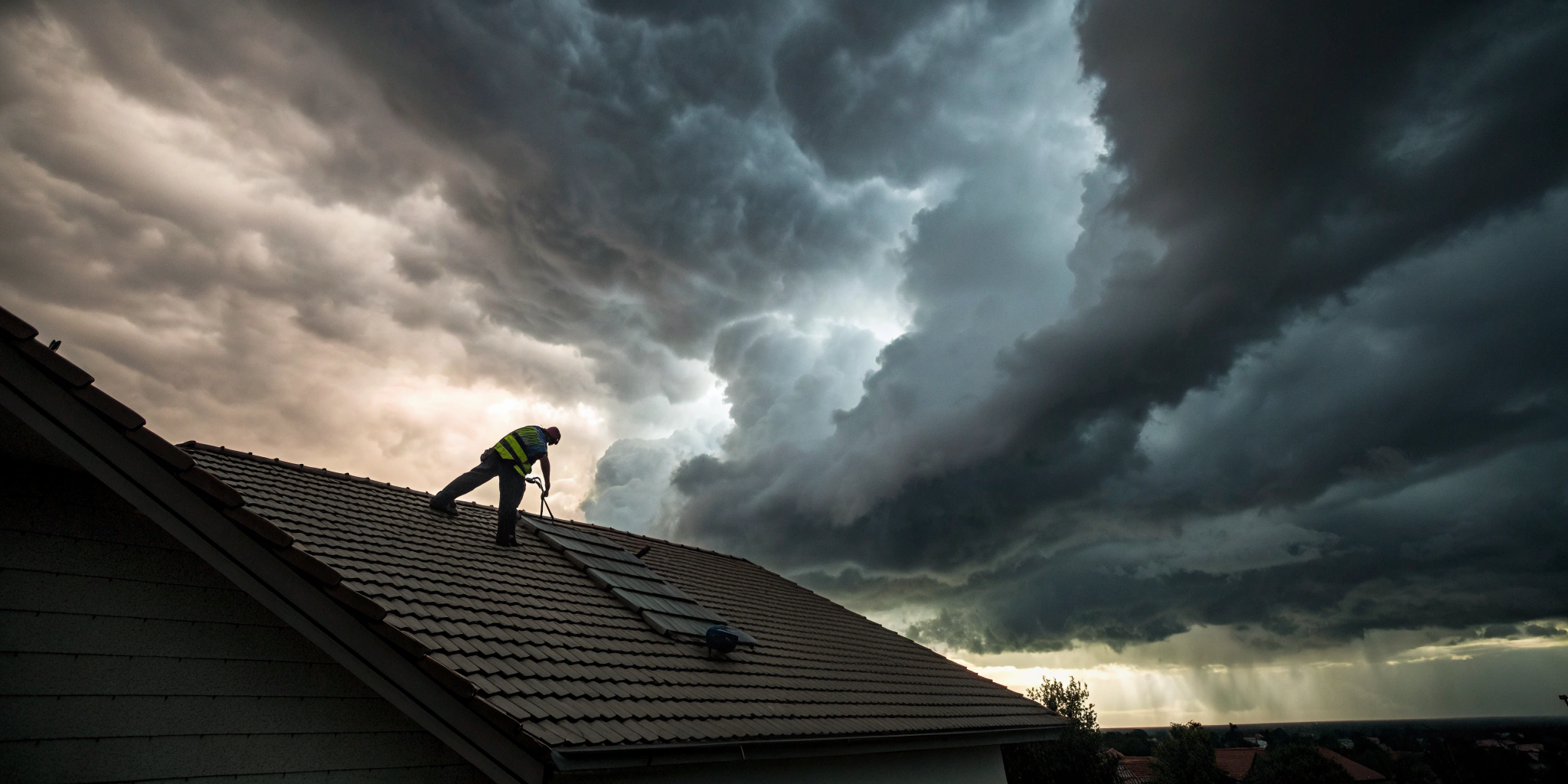 A worker performs an emergency maintenance repair on a roof during a storm.