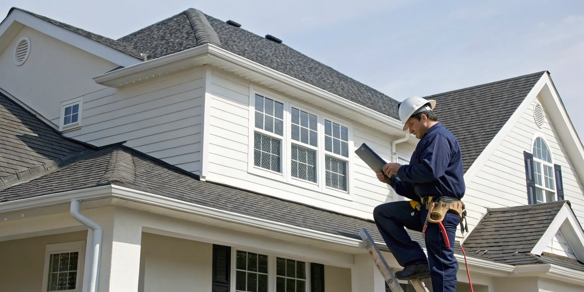 A professional from a top residential roofing company inspecting shingles on a house.