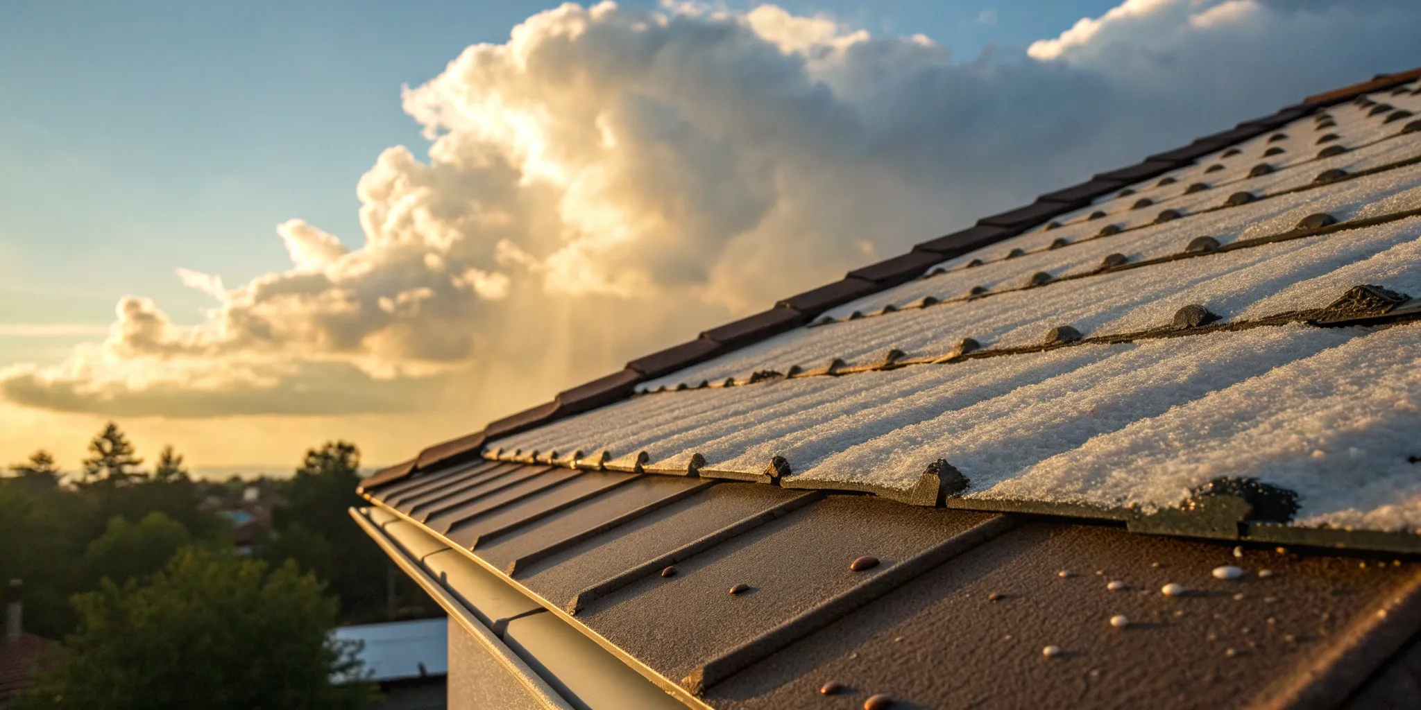 Hail damage on a roof being inspected for an average insurance payout.