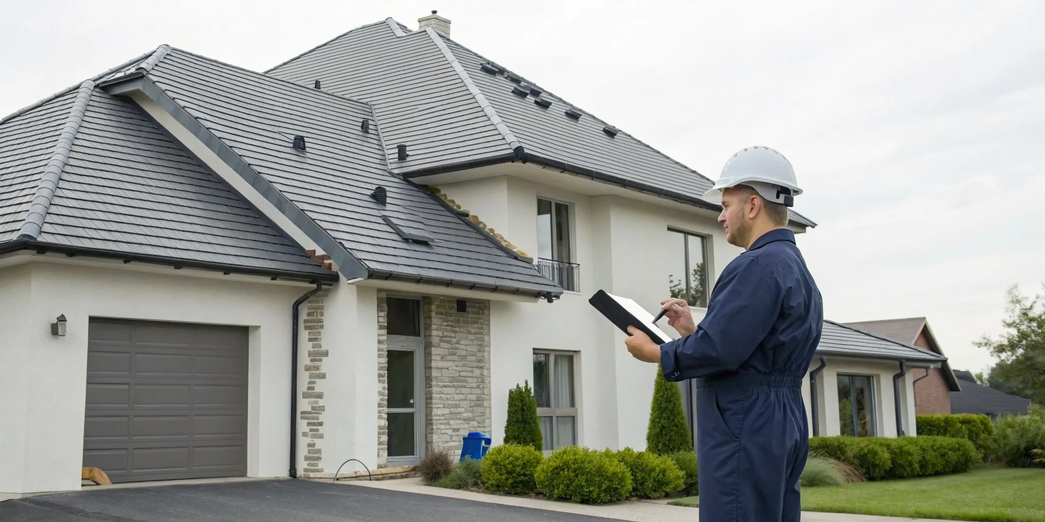 Roofing contractor inspecting roof damage to handle an insurance claim.
