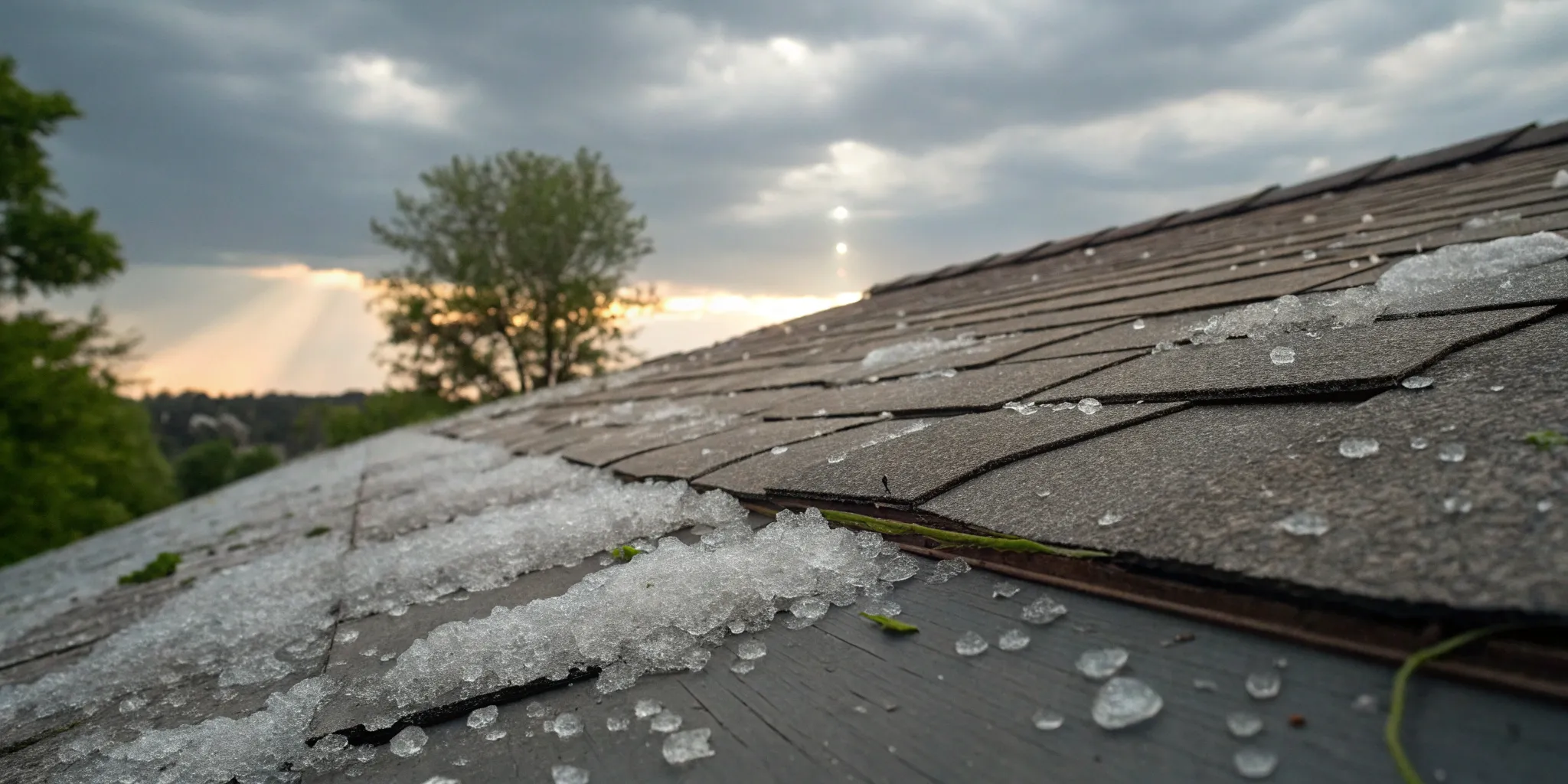 Bad hail damage showing granule loss on asphalt roof shingles.