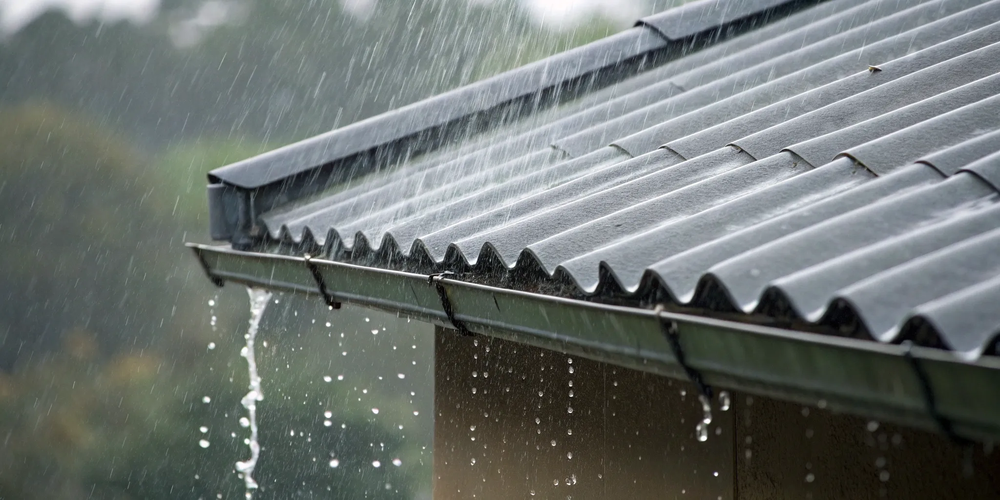 Water leaking from a metal roof during heavy rain.