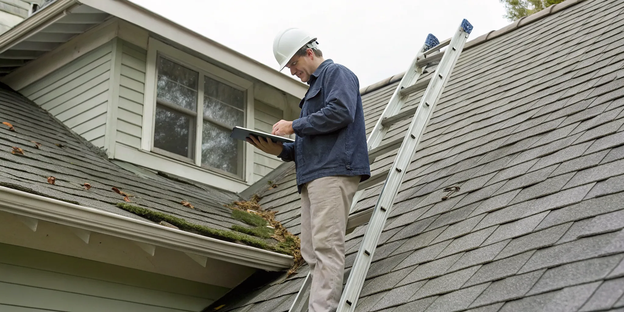 Inspector on a ladder checking if insurance will cover a 20-year-old roof.