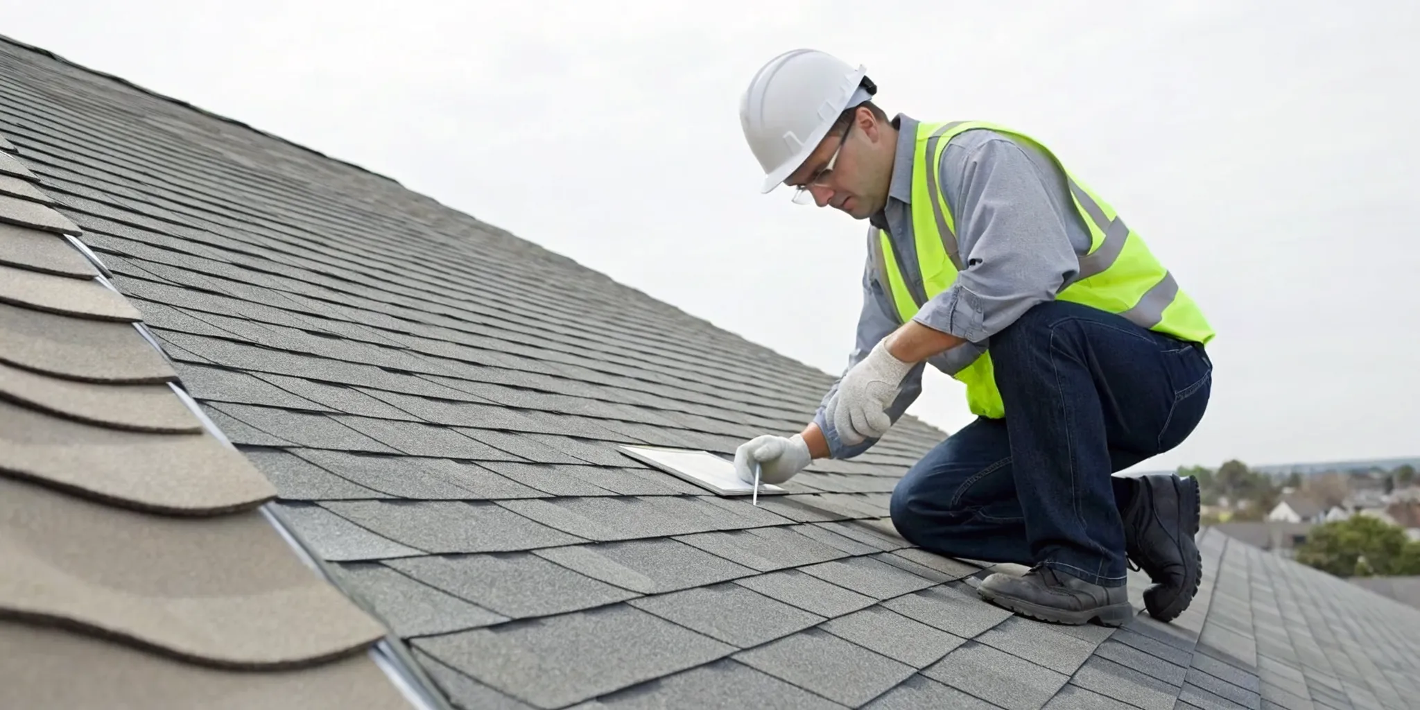 Inspector performing a free roof inspection for hail damage on asphalt shingles.