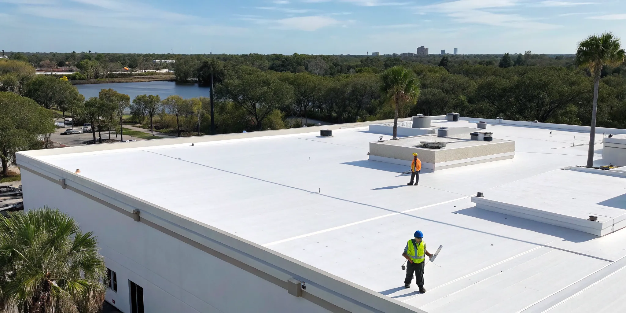 Commercial roof repair inspection by a professional team on a flat roof in Winter Park.