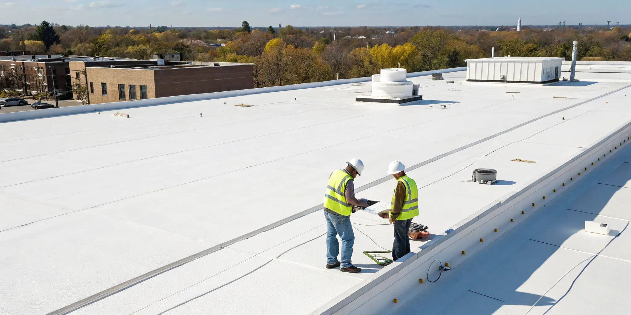 St. Cloud flat roof specialists inspecting a commercial building while wearing safety gear.