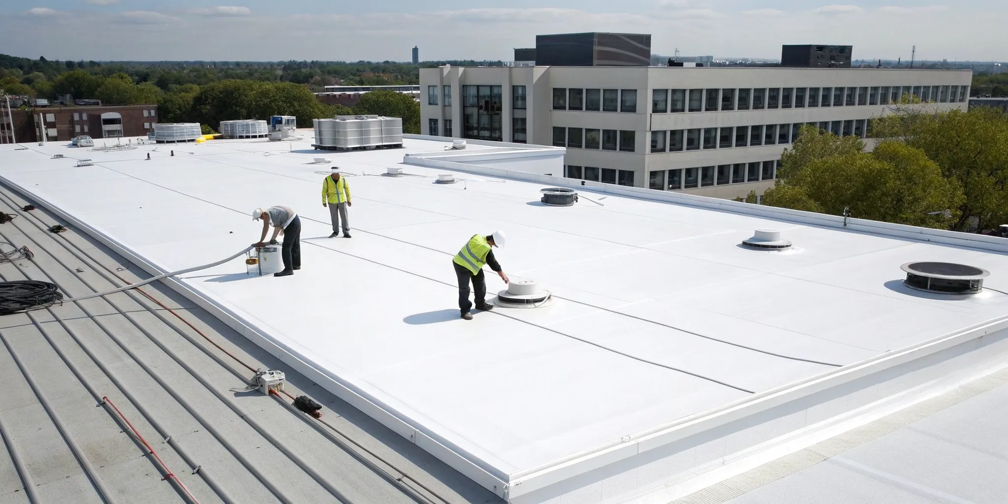 Workers repairing a leaking flat roof for a commercial business.
