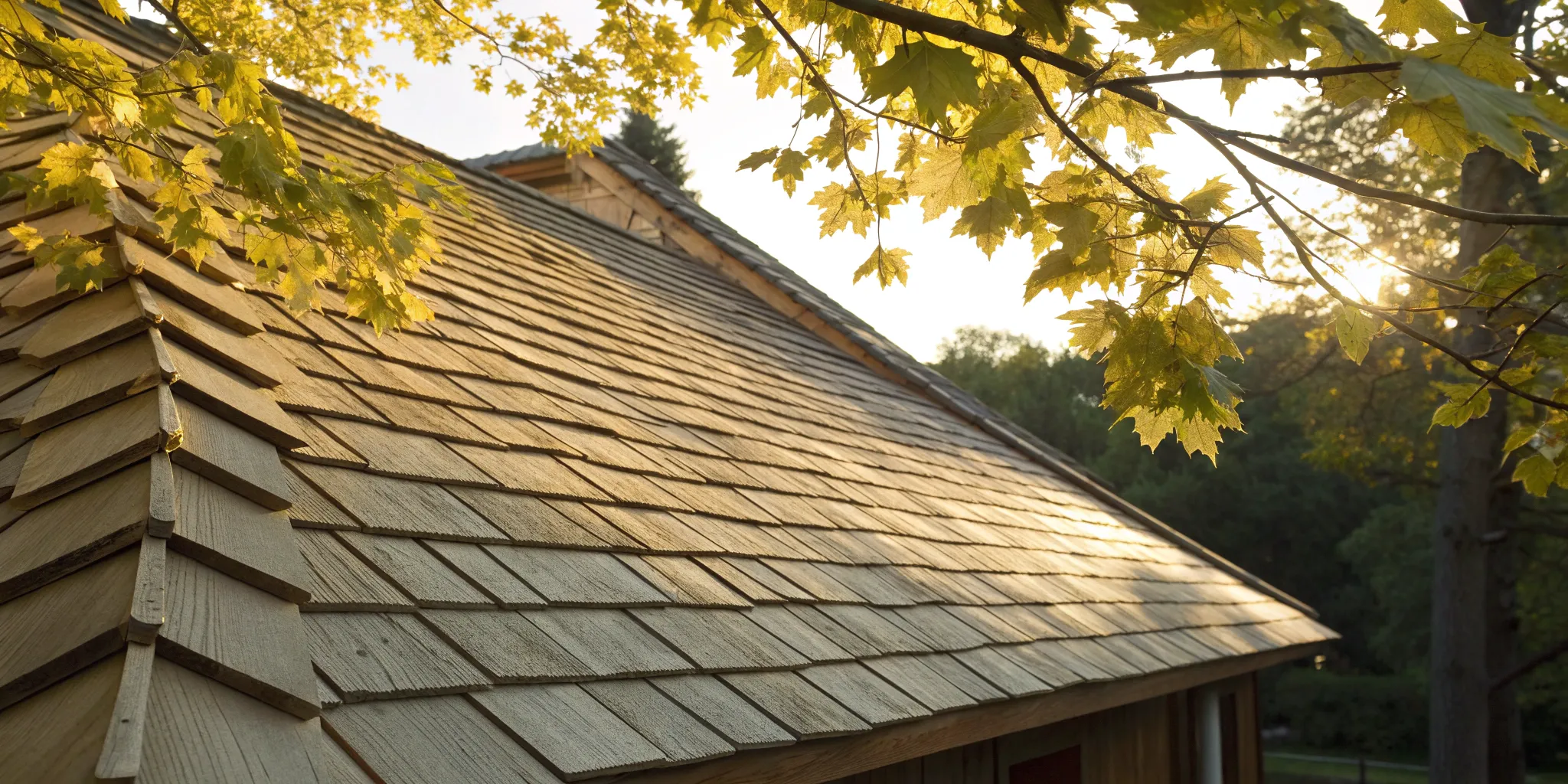 A wood shake roof with natural wood grain, a focus for routine maintenance and repair.