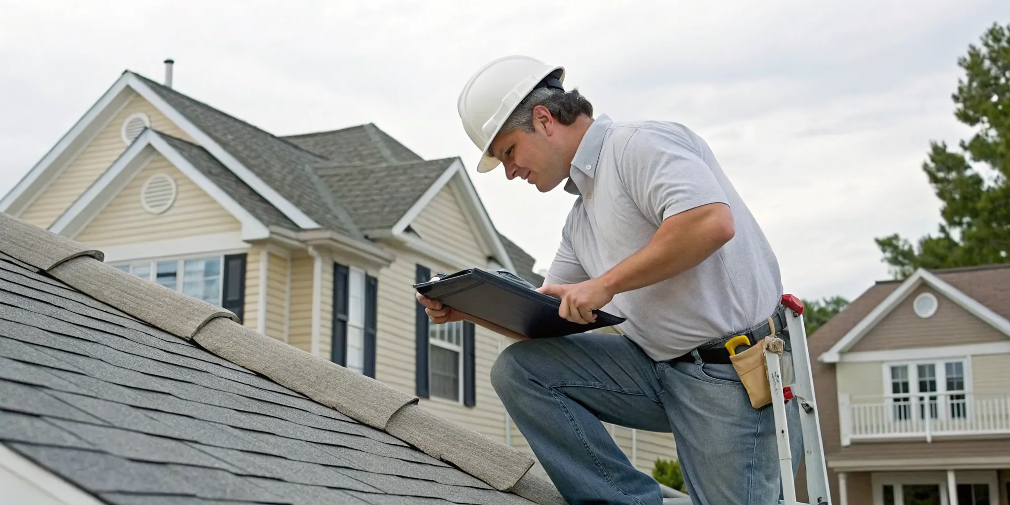 Best roof inspector for hail damage examining a home's shingle roof.